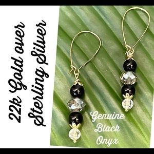 𝅺22KT Gold over Sterling Silver Earrings Genuine Black Onyx & Crystal Handmade